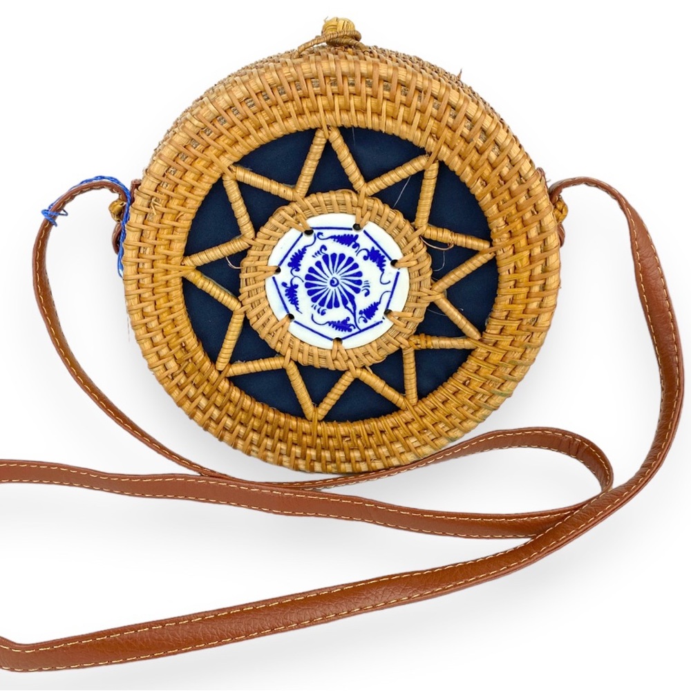 100% Rattan Woven Circle Bag with White & Blue Tile Decoration Lined Interior
